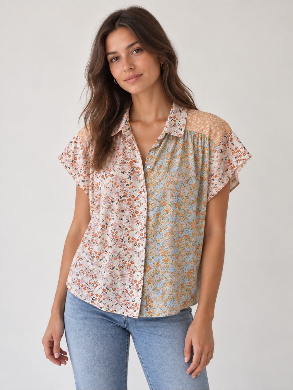 American Eagle Women’s XS Floral Patchwork Button-Up Shirt Boho